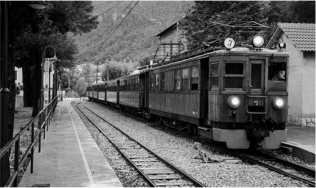 Schwarze und weiße Aufnahme eines Zuges, der an einem Haltepunkt mit Bäumen und einem Gebäude vorbeifährt.