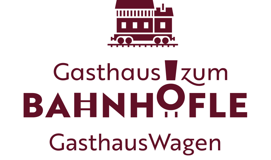 Logo des Gasthauses "zum Bahnhofsle" mit stilisierte Bahn und Schriftzug.
